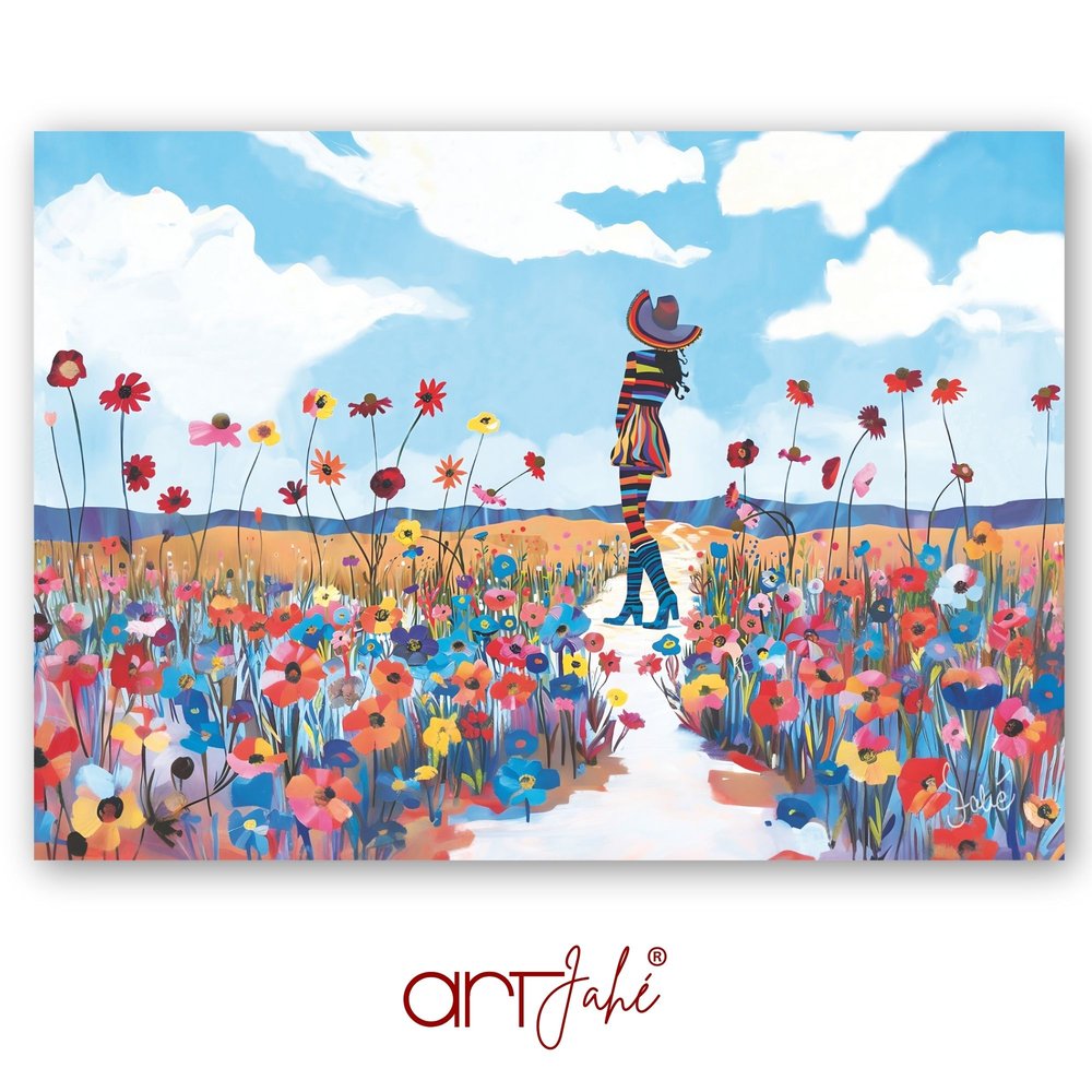 artjahé flowerpower: woman on a path through a flower meadow